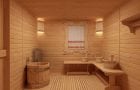 Na sala de banho, pisos de madeira não revestidos