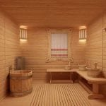 Na sala de banho, pisos de madeira não revestidos