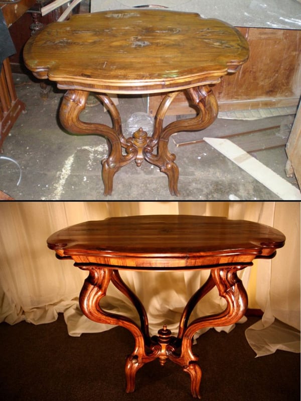 Lakuotas stalas prieš ir po restauravimo