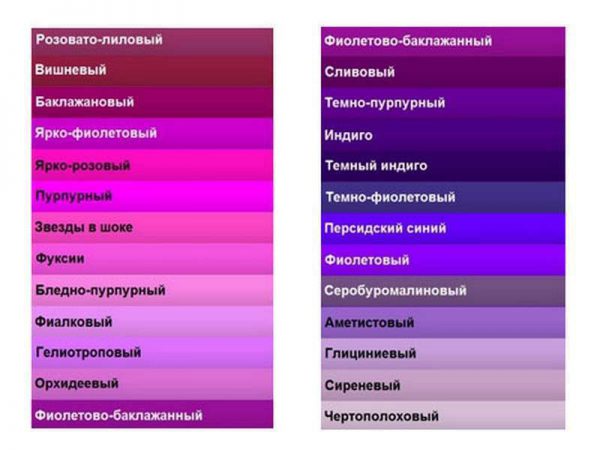 Skirtingų atspalvių violetinės spalvos pavadinimai