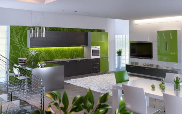 Virtuvės dizainas yra šviesiai žalios spalvos