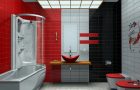 Rødt, svart og hvitt på badet