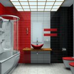 ห้องน้ำมีสีแดงดำและขาว