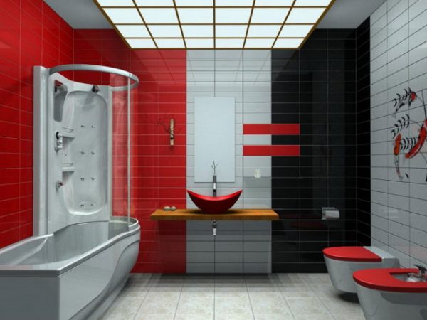 Červená, černá a bílá v koupelně