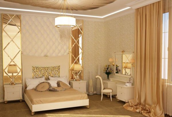 Interiér ložnice se zlatou barvou