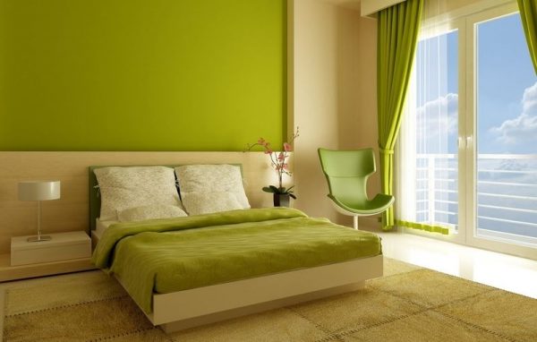 Интериор на спалнята в зелено