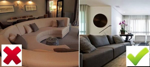 Apvali sofa interjere ir stačiakampiai baldai