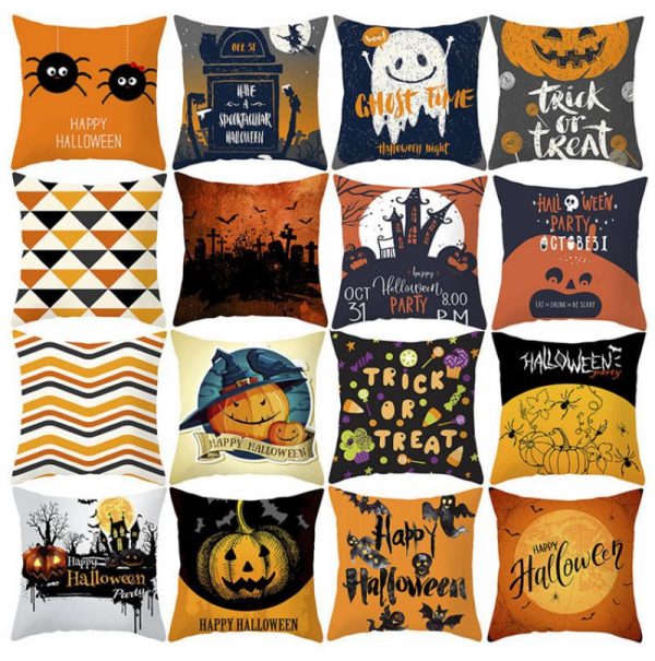 Helovino pagalvės užvalkalas su užrašais ir piešiniais Helovinui