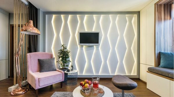 3D panely pro stěny v interiéru obývacího pokoje