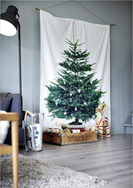Poster Árvore de natal em estilo escandinavo Árvore de natal na parede foto Árvore de natal no escritório Árvore de natal em tecido
