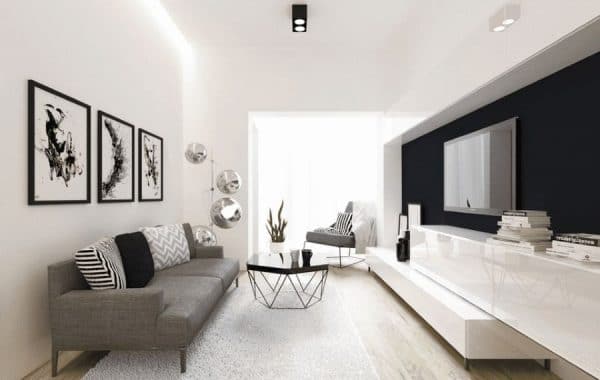 Biely interiér obývacej izby