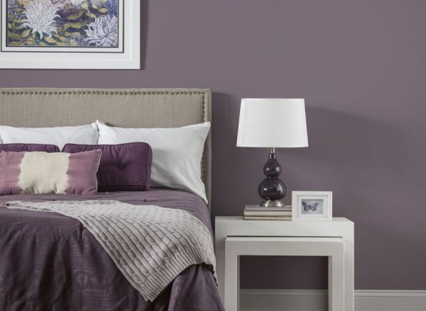 Pilkai violetiniai atspalviai tamsiose ir blyškose veislėse miegamojo interjere